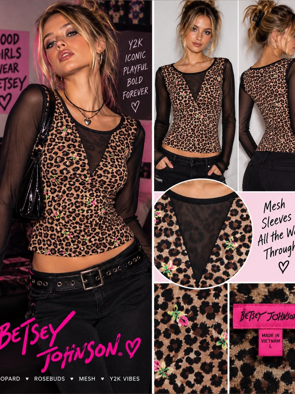 Y2K Betsey Johnson Women's Leopard Print Top Mesh Sleeve Rosebud Print Large NDS